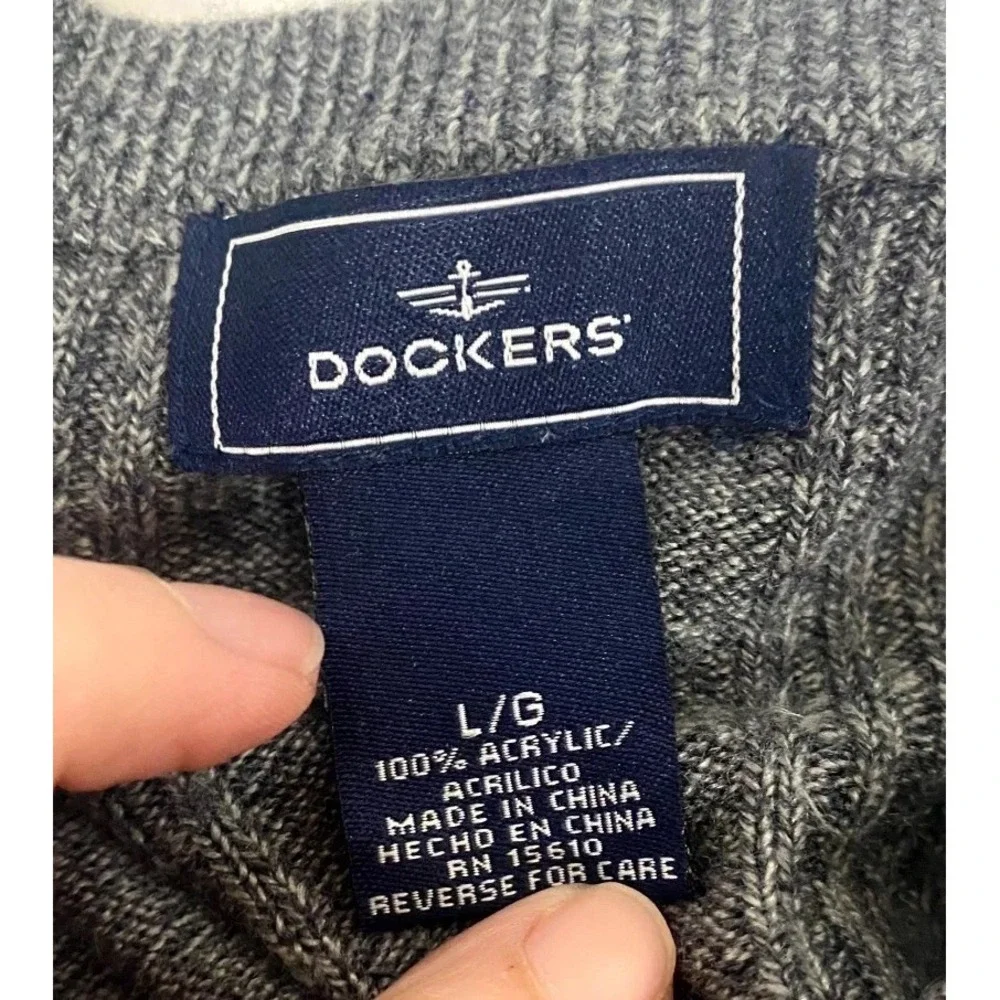 Dockers Vest Sweater Mens Large Gray Ribbed Chunky Knit Winter V Neck Pullover